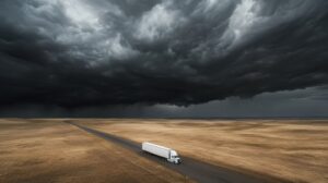 Truck on rural road with big storm cloud showing how weather can effect logistics