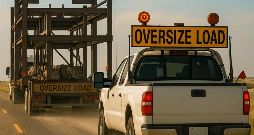 Heavy haulage escort vehicle following large truck on outback road
