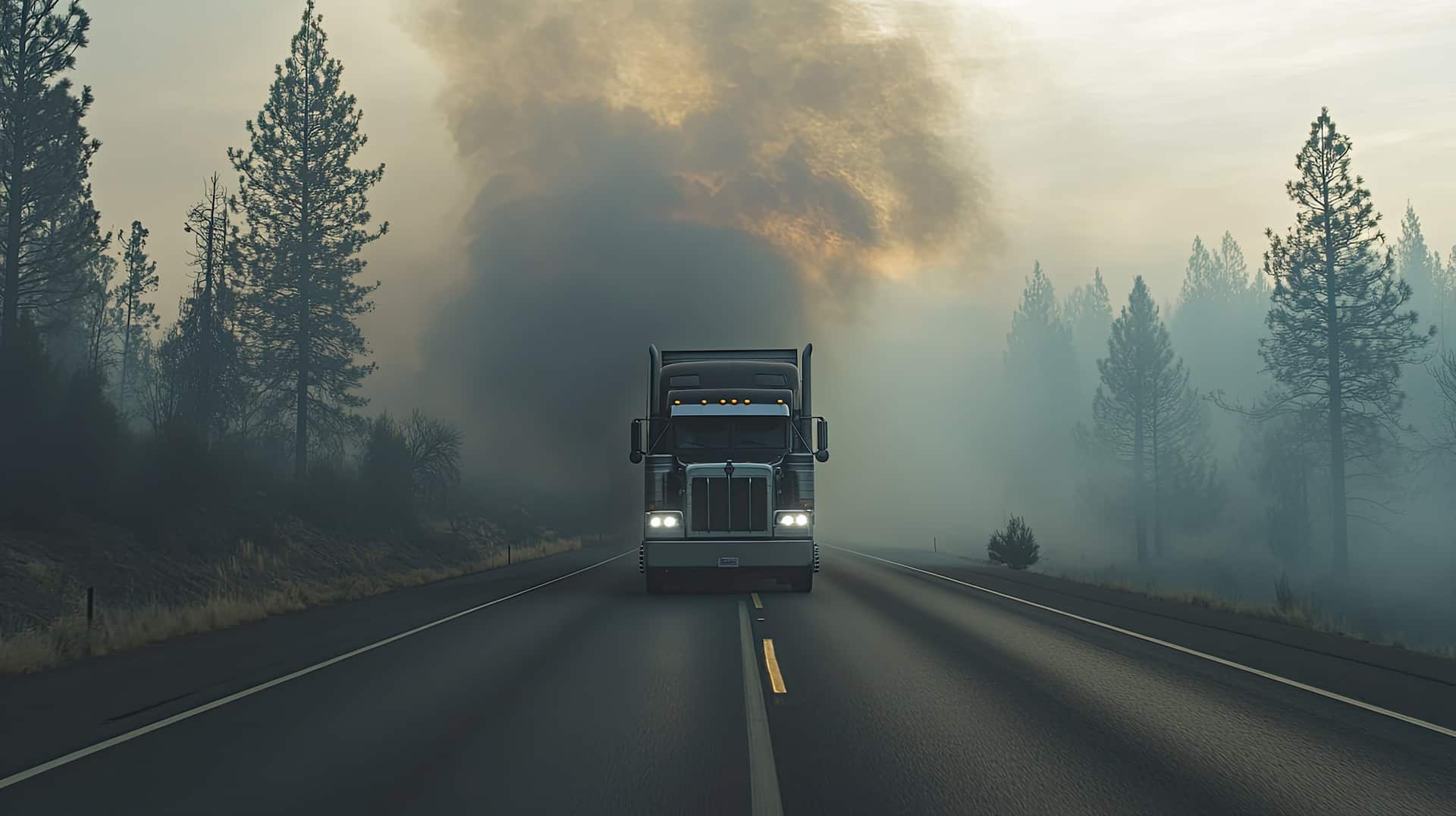 Truck coming out of smoke caused by bushfire demonstrating bushfire safety and compliance