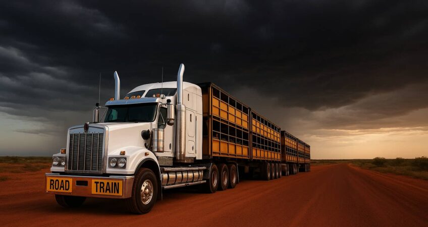 A heavy haulage road train parked on a red dirt road under dark cyclone-season storm clouds in remote Western Australia.